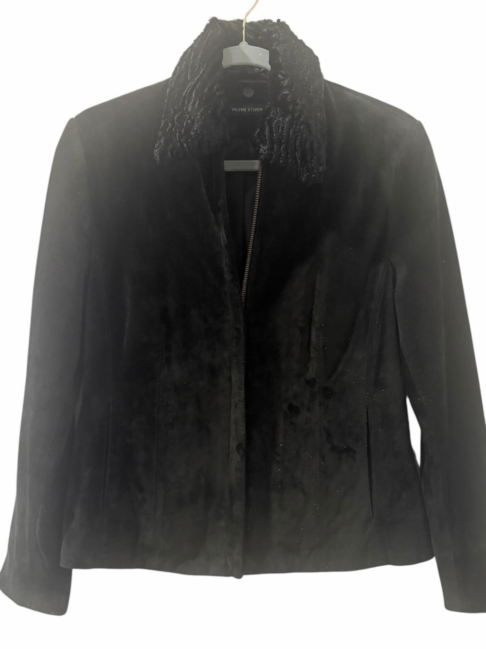 Valerie Stevens Black Genuine Suede Leather Faux Fur Collar Jacket Size Small